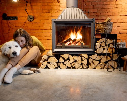 Woman sitting by the fireplace with a white dog at cozy and loft style home interior